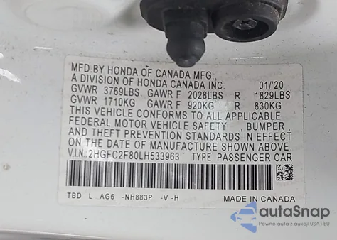 2020 Honda Civic Sport from USA, damaged, VIN 2HGFC2F80LH533963